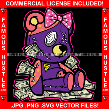 Cute Female Teddy Bear Stuffed With Money Woman Missing Eye Staples Lady Horror Girl Cash Stacks Tattoo Hip Hop Rap Hustler Boss Drip Swag Famous Hustle Art Graphic Design Logo T-Shirt Print Printing JPG PNG SVG Vector Cut File